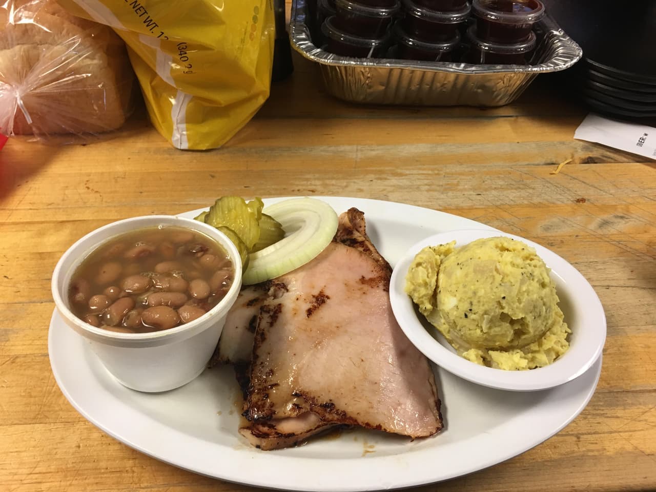 Smoked turkey plate with pinto beans and potato salad at R & R BBQ in Stephenville, TX