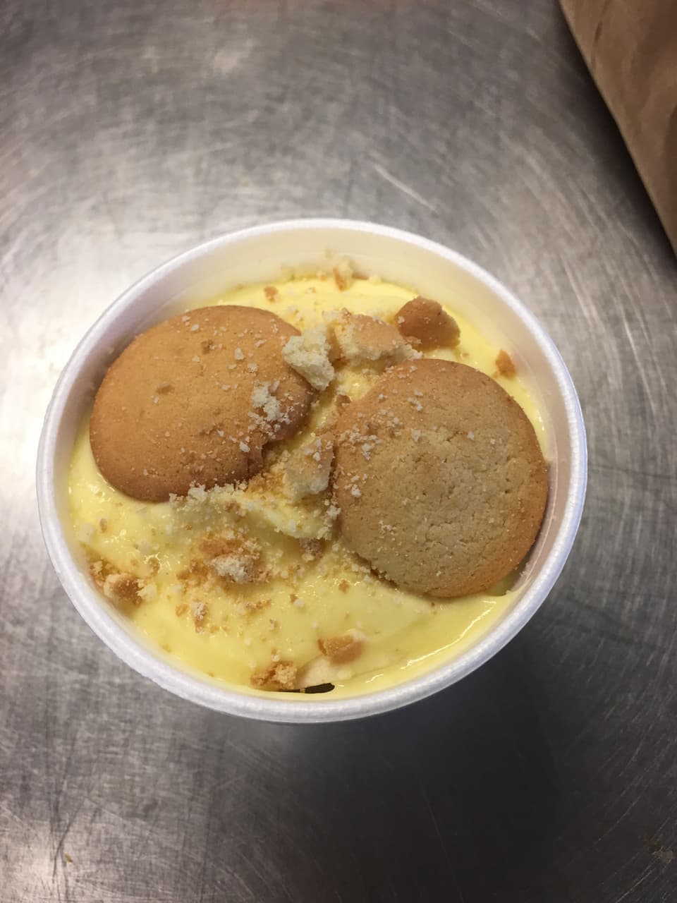 Homemade banana pudding topped with vanilla wafers at R & R BBQ in Stephenville, TX